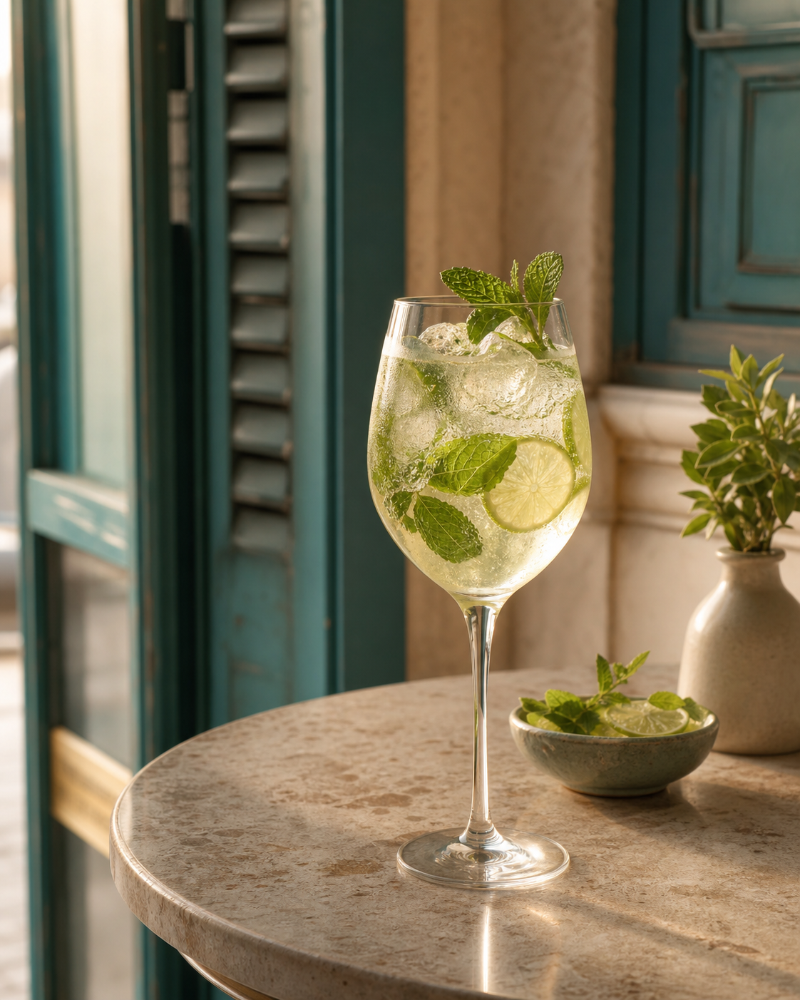 Hugo al sambuco con menta, lime e ghiaccio sul tavolo del caffè.
