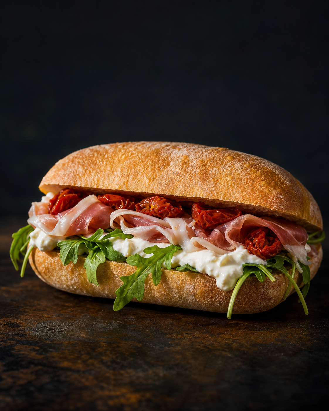 Panino rustico con prosciutto crudo, stracciatella, rucola e pomodorini arrosto.