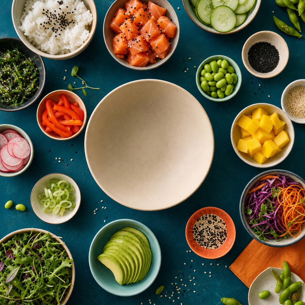 Ingredienti freschi per pokè disposti dall'alto su un tavolo verde petrolio.